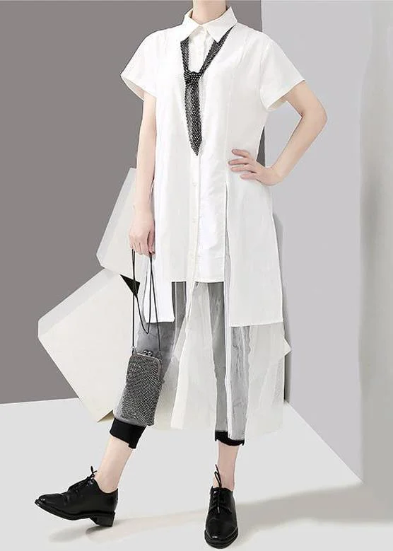 Style Cotton Long Shirts Century Summer Irregular Patchwork Mesh Short Sleeve Dress