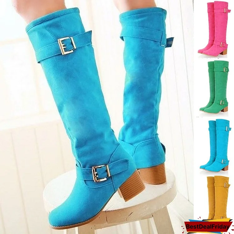 Plus Size 31-43 New Arrival Autumn Winter Boots Women's Shoes Knee Boots Buckle Flock Red Yellow Green Blue Fashion Cute