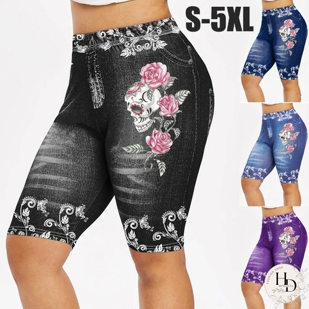 New Women Fashion Skinny Skull Flower Print Casual Jeggings Yoga Leggings Faux 3D Denim Jean Shorts Pants Plus Size S-5XL