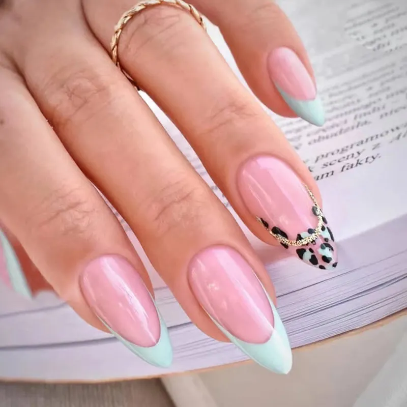 Churchf Churchf Lake Green French Leopard Print Gold Pink Almond Nail Ins Wind Round Head Fake Nail Wearable Beautiful Nail Piece