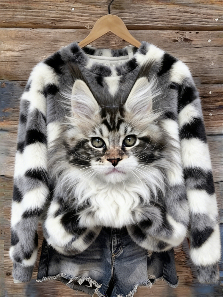 Fuzzy Maine Coon Cat & Pattern Cozy Plush Sweatshirt wearshes