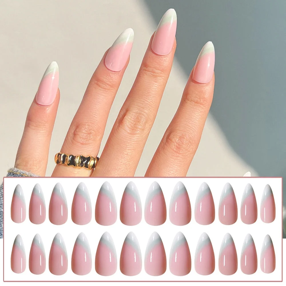 24pcs Point Head False Nails Tips Press On Nail with Heart Print Design Girl DIY Nail Patch Removable French Style Fake Nails-Nail Inspo