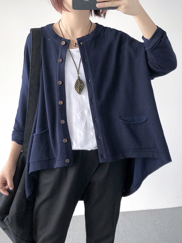 Casual Loose Buttoned 8 Colors High-Low Round-Neck Long Sleeves Cardigan Tops