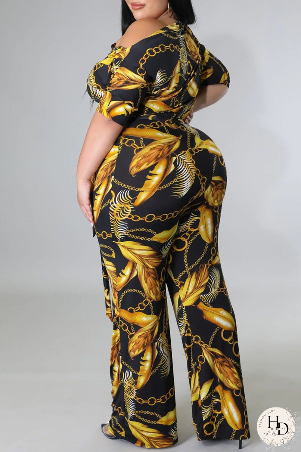 Black And White Fashion Casual Print Basic Oblique Collar Plus Size Jumpsuits