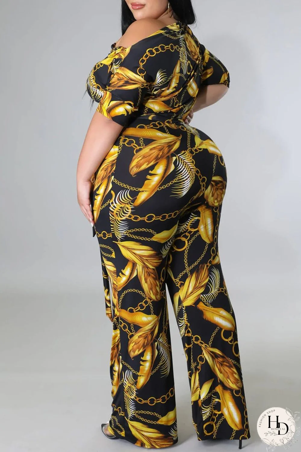 Black And White Fashion Casual Print Basic Oblique Collar Plus Size Jumpsuits