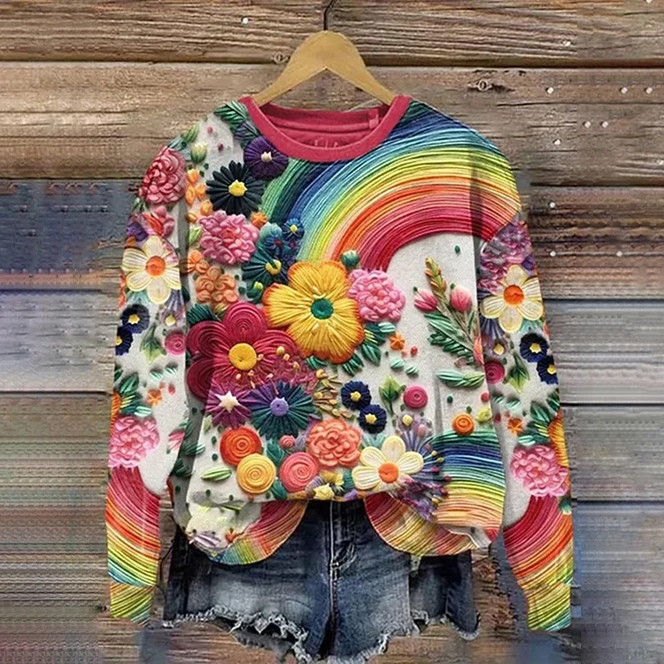 Retro-Sweatshirt mit buntem Blumen-Stickerei-Filz-Kunstdruck, lässiges Rundhals-Sweatshirt