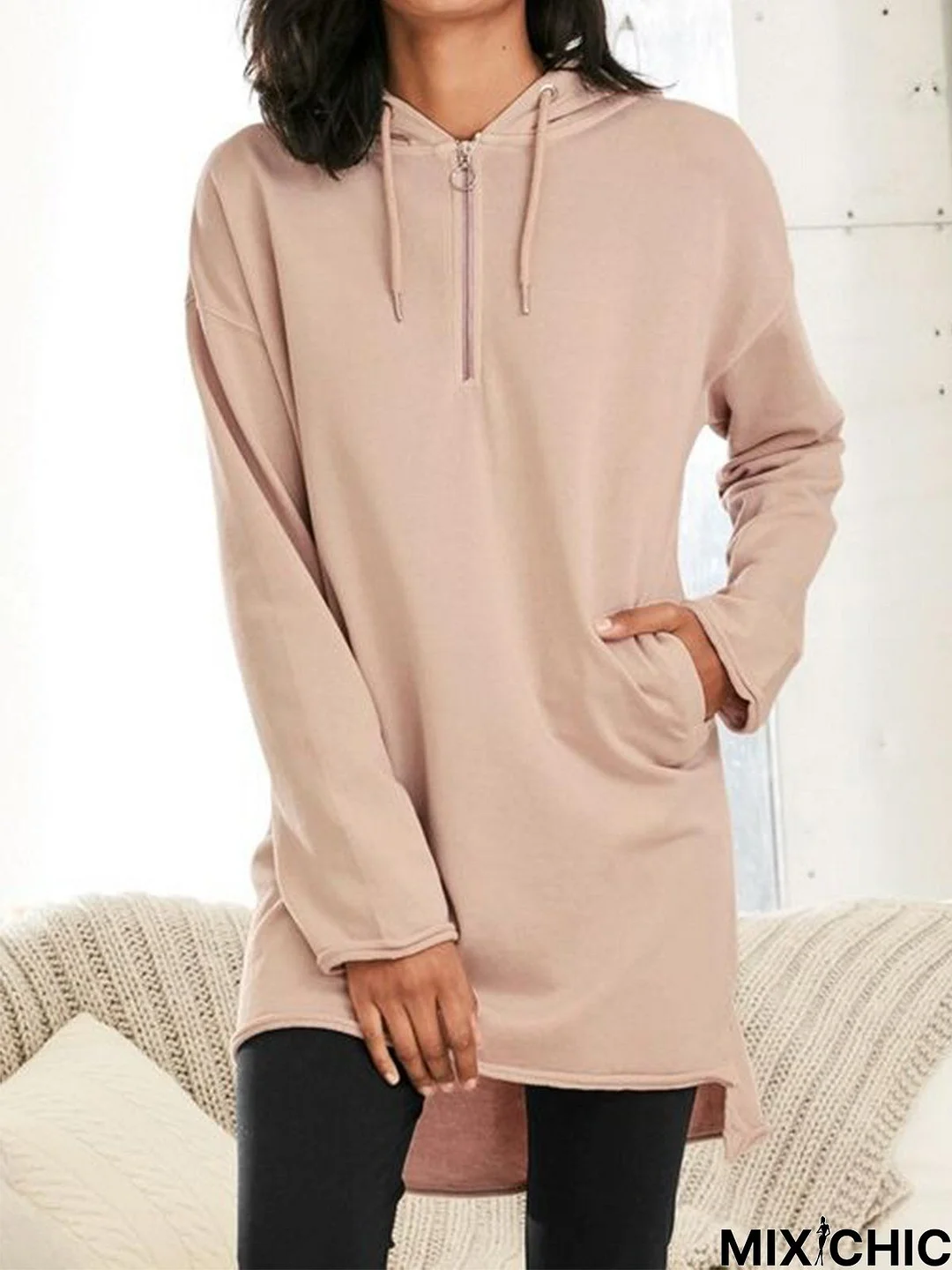 Plain Long Sleeve Zipper Hoodie Pockets Casual Sweatshirt