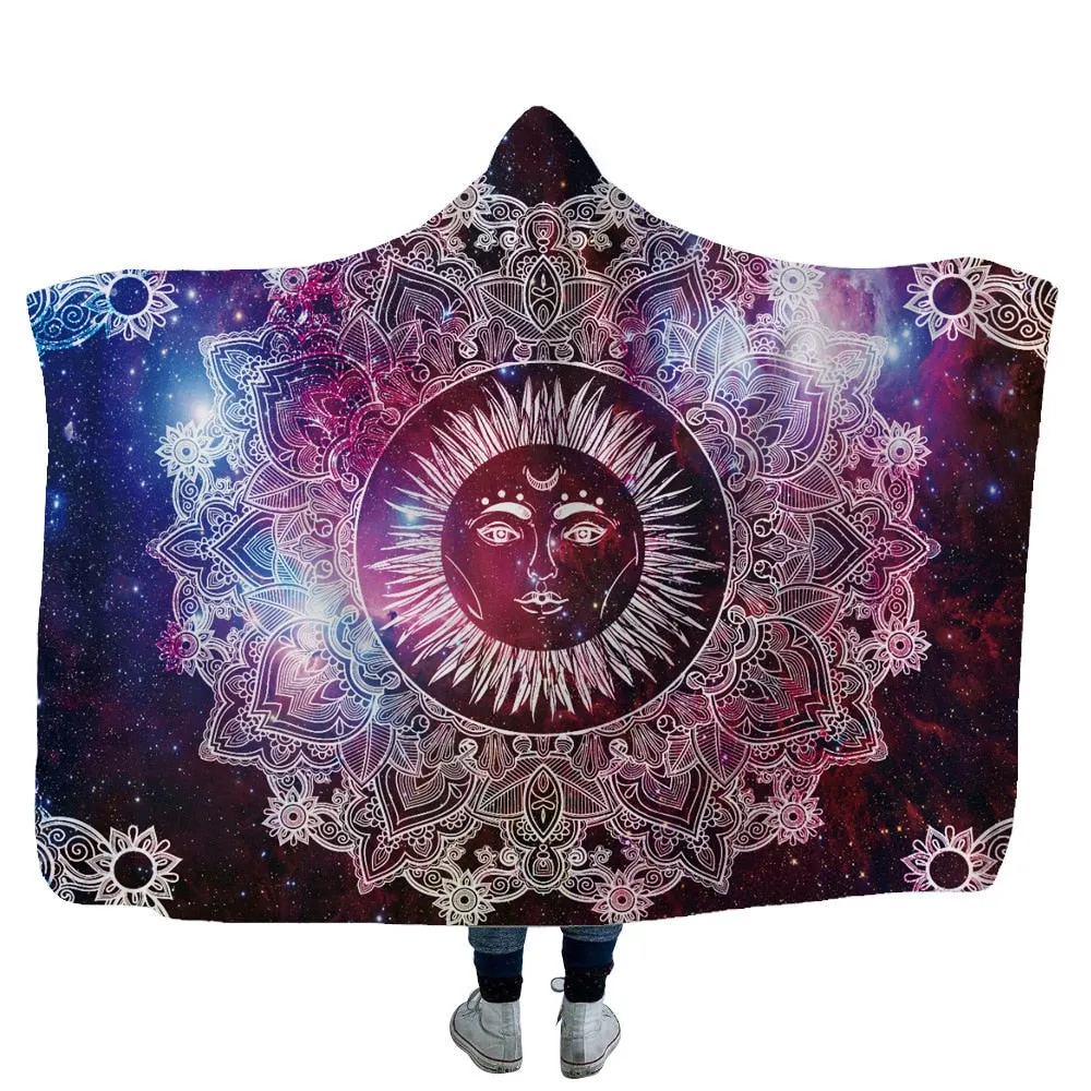 Mandala Hooded Blanket For Adults Childs 3D Printed Sherpa Fleece Blanket Microfiber Wearable Throw Blanket For Home Travel Sofa
