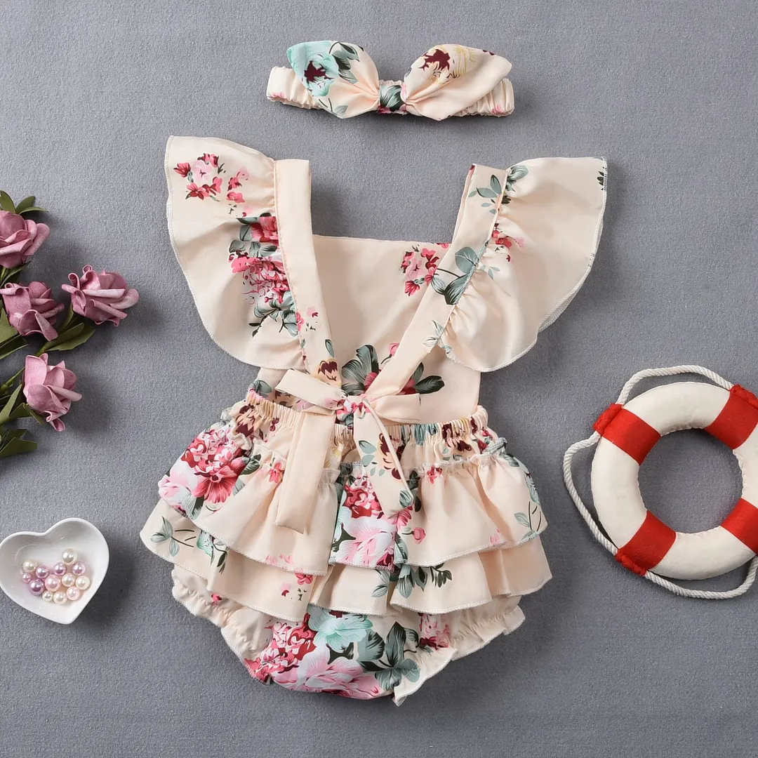 Breathable Infant Baby Girls Outfit Suit, Infant Summer Sweet Style Creative Floral Printing Fly Sleeve Romper + Bow Headwear