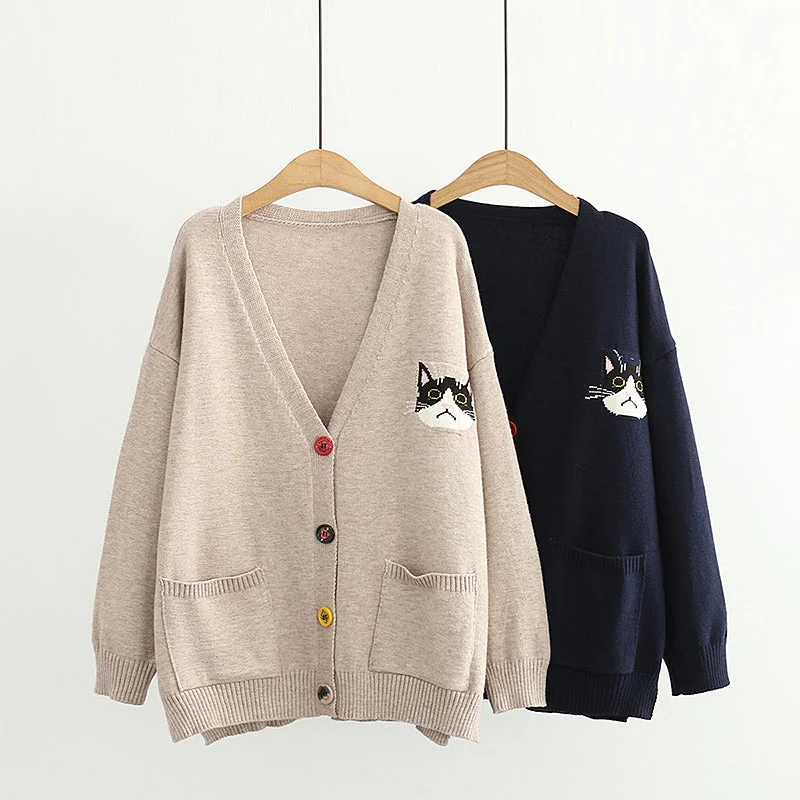 Cartoon Cat Embroidery Casual Knitted Sweater BE072