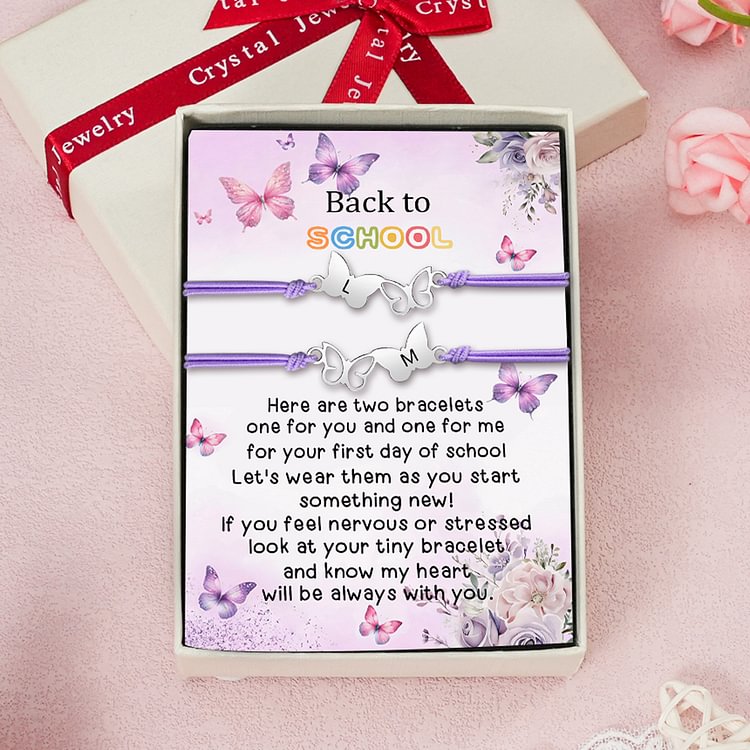 2 Pack Personalized Butterfly Elastic Cord Bracelet with Card and Gift Box, Customized 2 Letters, Gift for Daughter