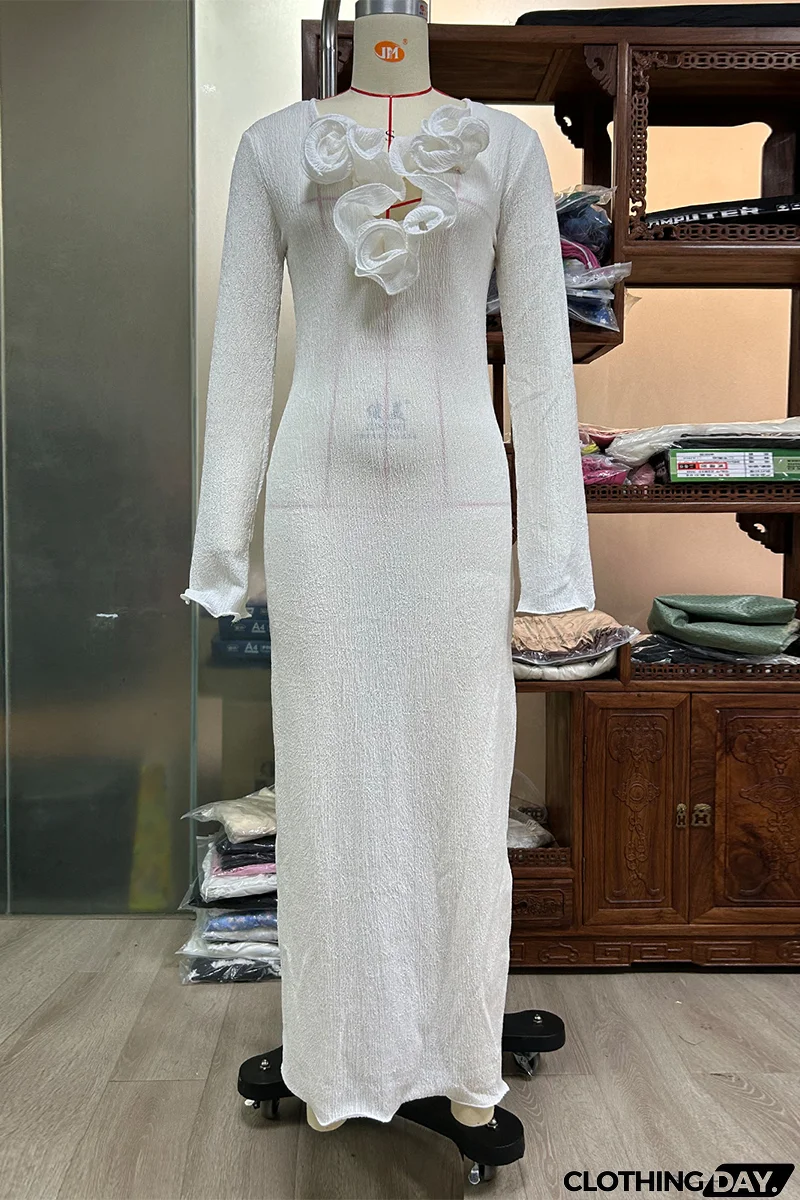 Sexy Solid Color Slit Flower Shape V Neck Long Sleeve Dresses