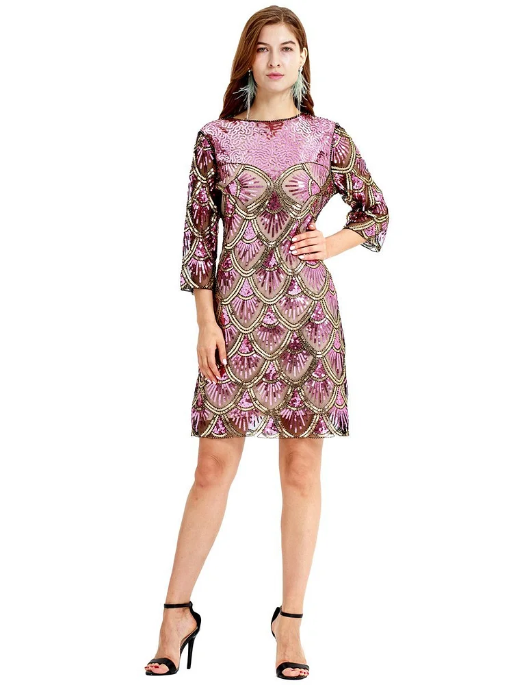 Mayoulove Gray-toned pink shiny vintage Gatsby one-piece dress-Mayoulove
