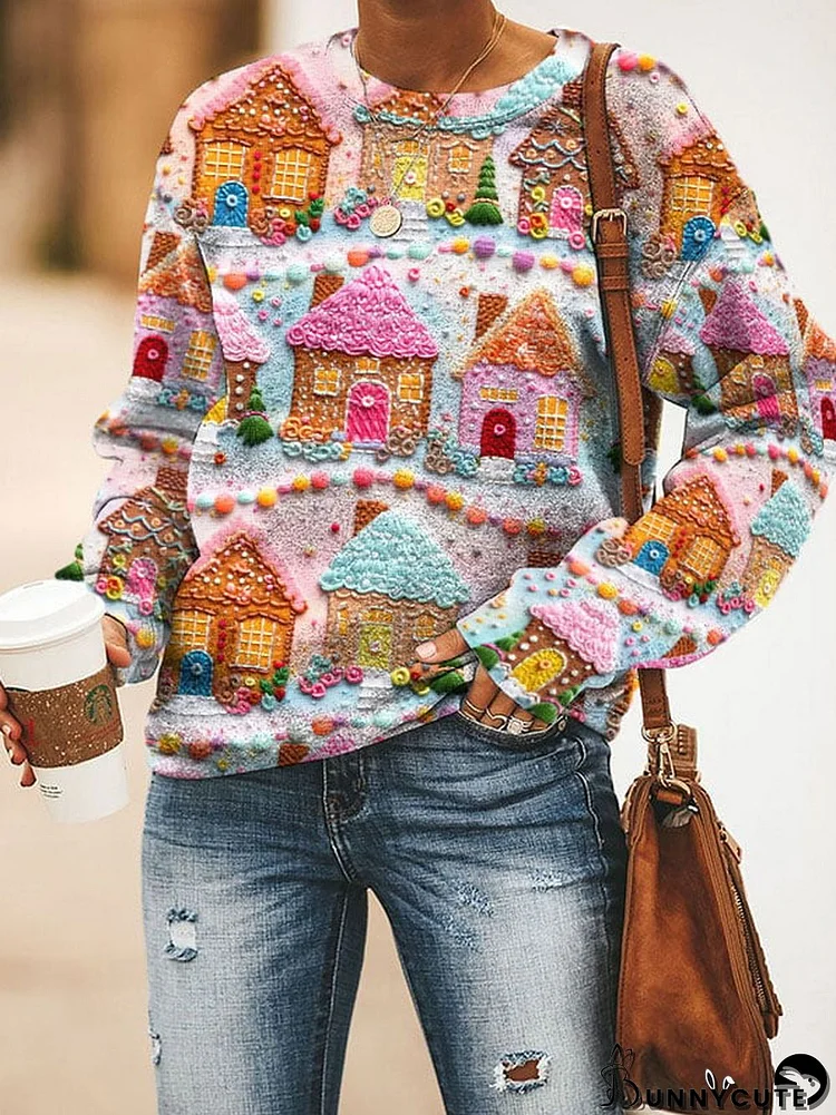 Women's Christmas Gingerbread House Print Sweatshirt