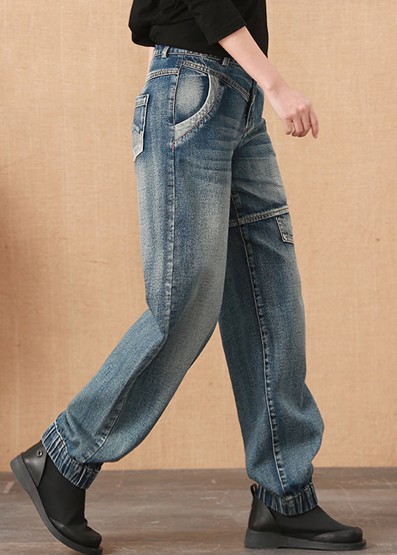 VCSHOES Loose Blue Patchwork Pockets High Waist Cotton Wide Leg Denim Pants Fall