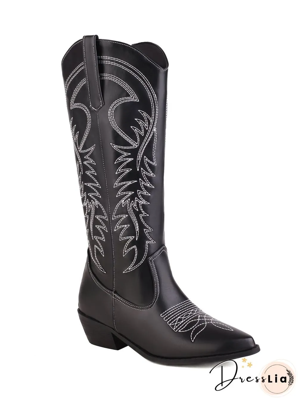 Embroidered Panel Plush Warm Pointed-Toe Cowboy Boots