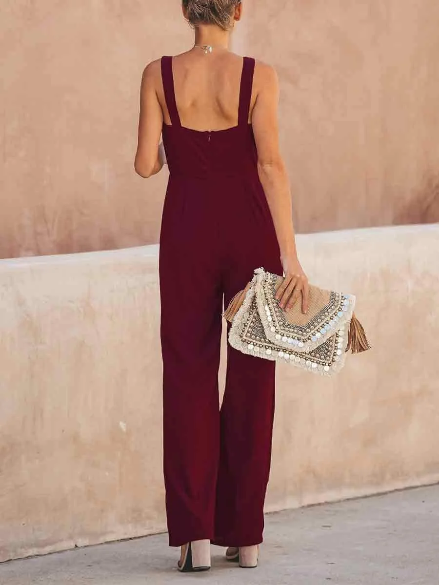 Elegant V-Neck Solid Color Jumpsuits