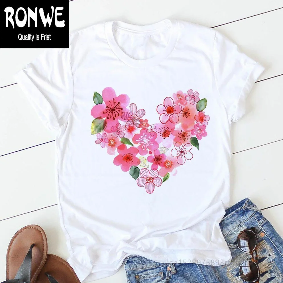 Pink Heart Flower Print Women Tshirt Cotton Casual Funny T Shirt Gift 90s Lady Yong Girl Drop Ship PKT-894