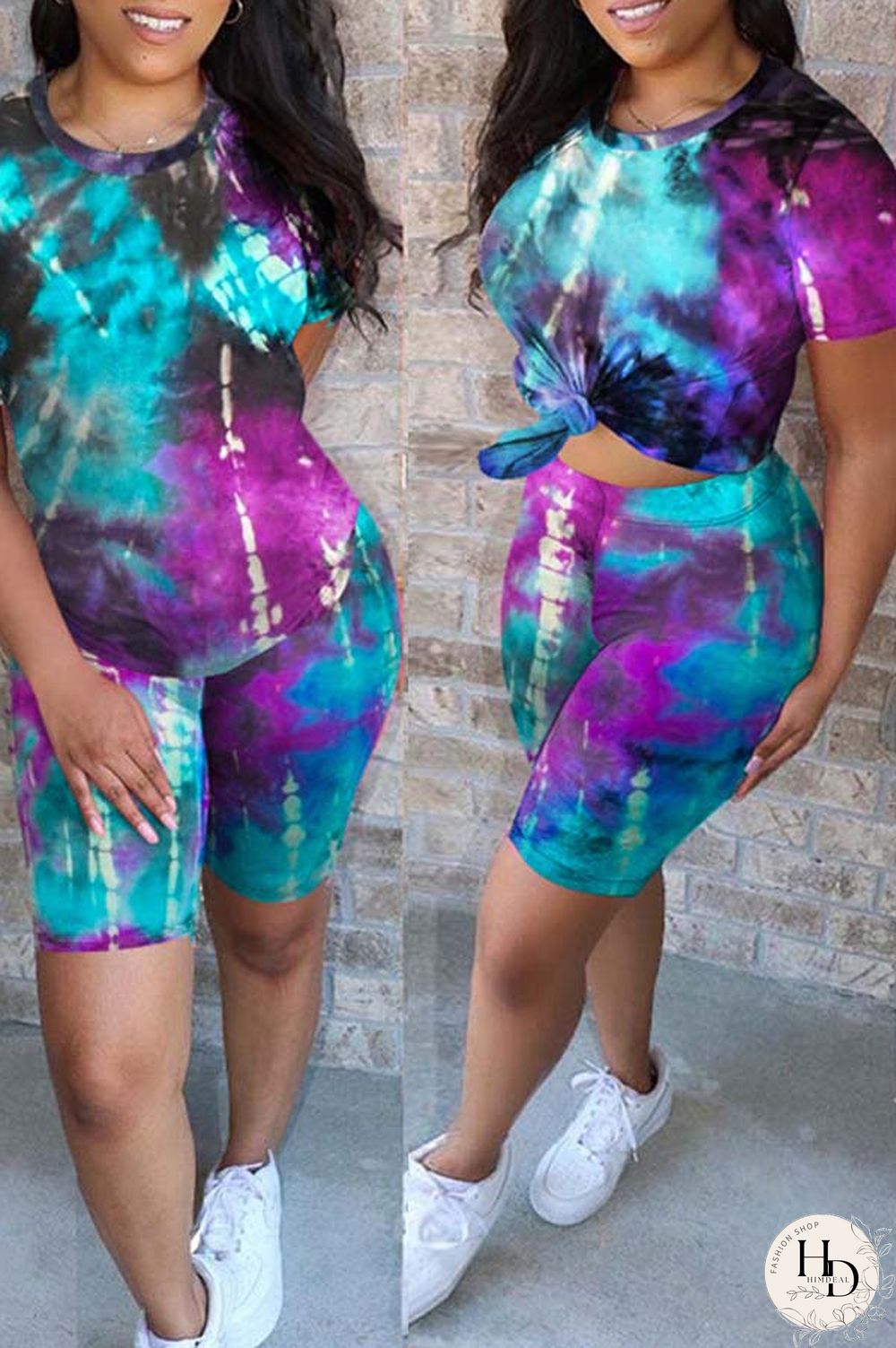 Blue Fashion Casual Active Print Tie Dye Short Sleeve Two Pieces