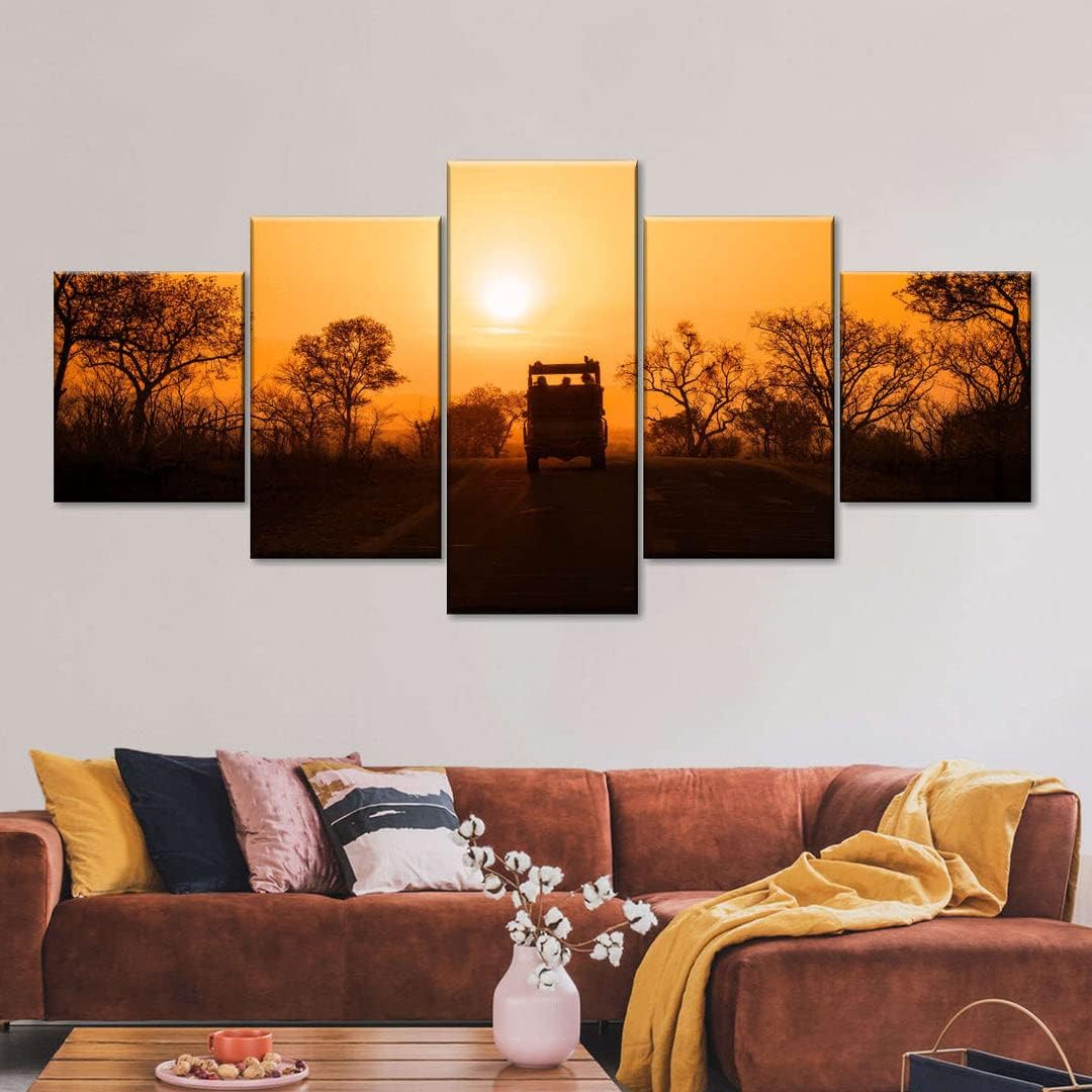 MTSP Canvas Print 5 Piece Wall Art Home Decor Print On Canvas Safari Vehicle Sunset Suitable For Gifts Ktv Office Living Room Can Be Hung Frame