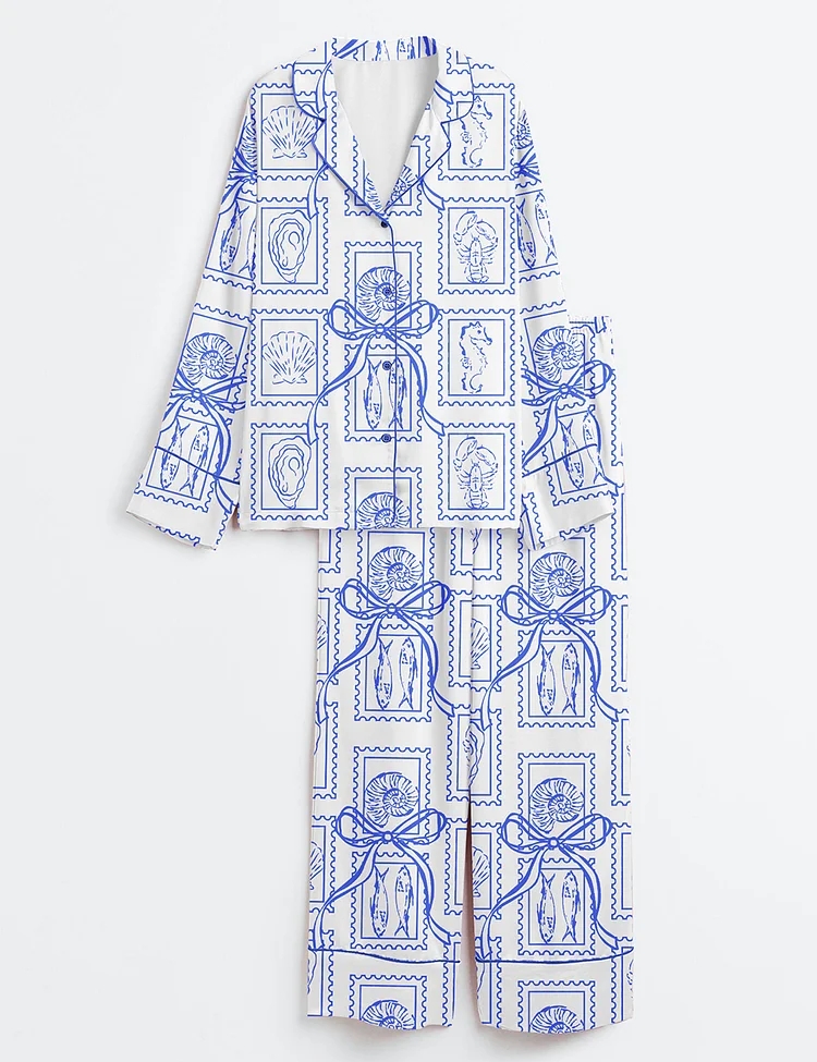 Women&rsquo;s Summer Oyster Coastal Trendy Summer Beach Aesthetic Summer Print Long Sleeve Satin Pajama Set