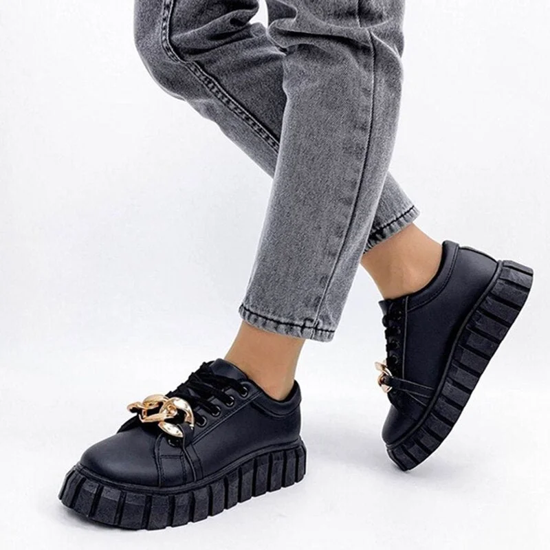 Women Comfortable Loafer Shoes 2021 New Platform Flat Vulcanized Shoes Metal Chain Casual Sneakers Ladies Shoes Black White 43