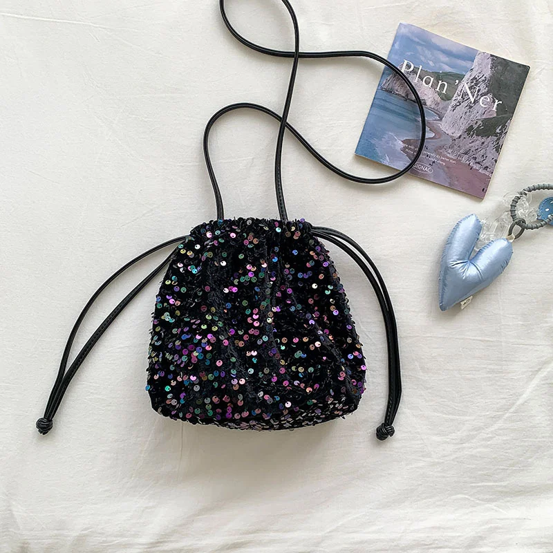 Mongw Mongw Small Sequin Bucket Bag Advanced Feeling Trend Soft Mouth Shoulder Bag Small Fashion Personality Cross-Body Bag