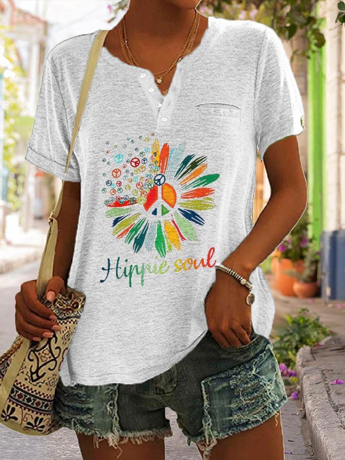 Button-Neck Hippie Print Short Sleeve T-Shirt