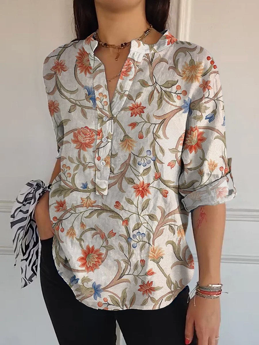 Lovely Floral  And Vine Pattern Printed Women's Casual Long Sleeve Comfortable Cotton Shirt