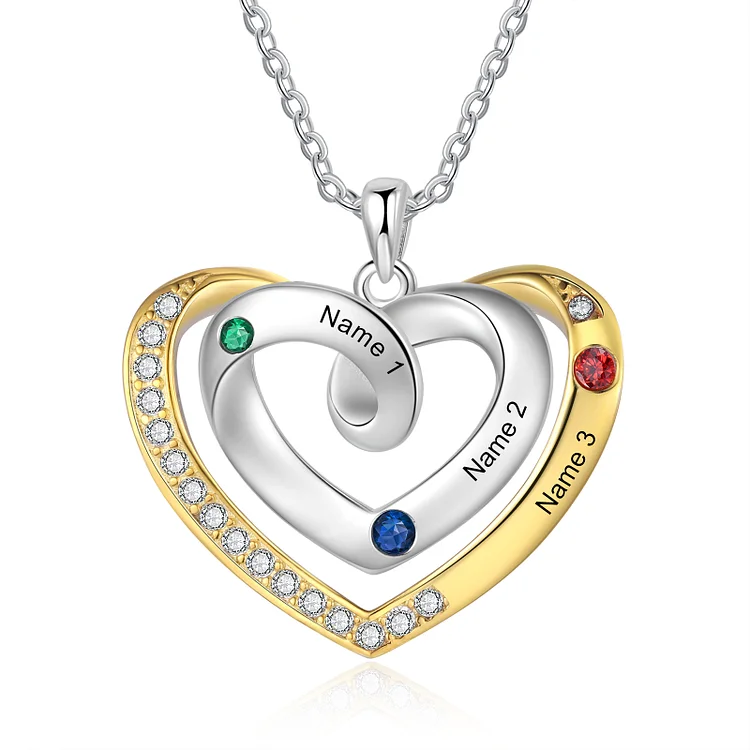 Personalized 3 Names & 3 Birthstones Necklace Custom Heart Pendant Necklace Gifts for Her