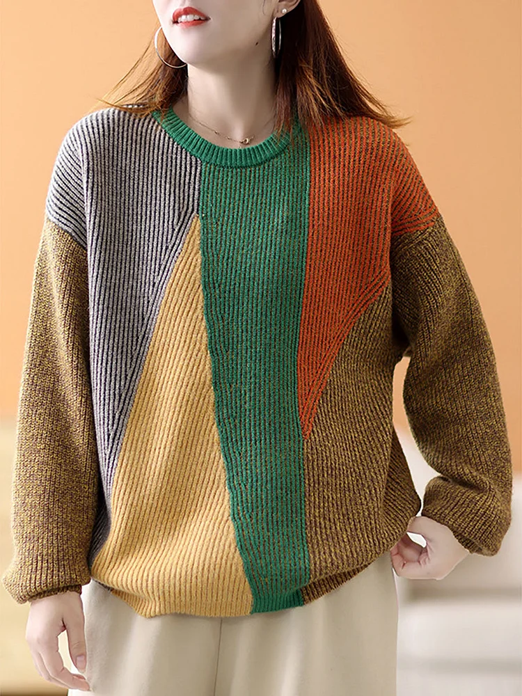 Women Winter Casual Geometric Colorblock Sweater