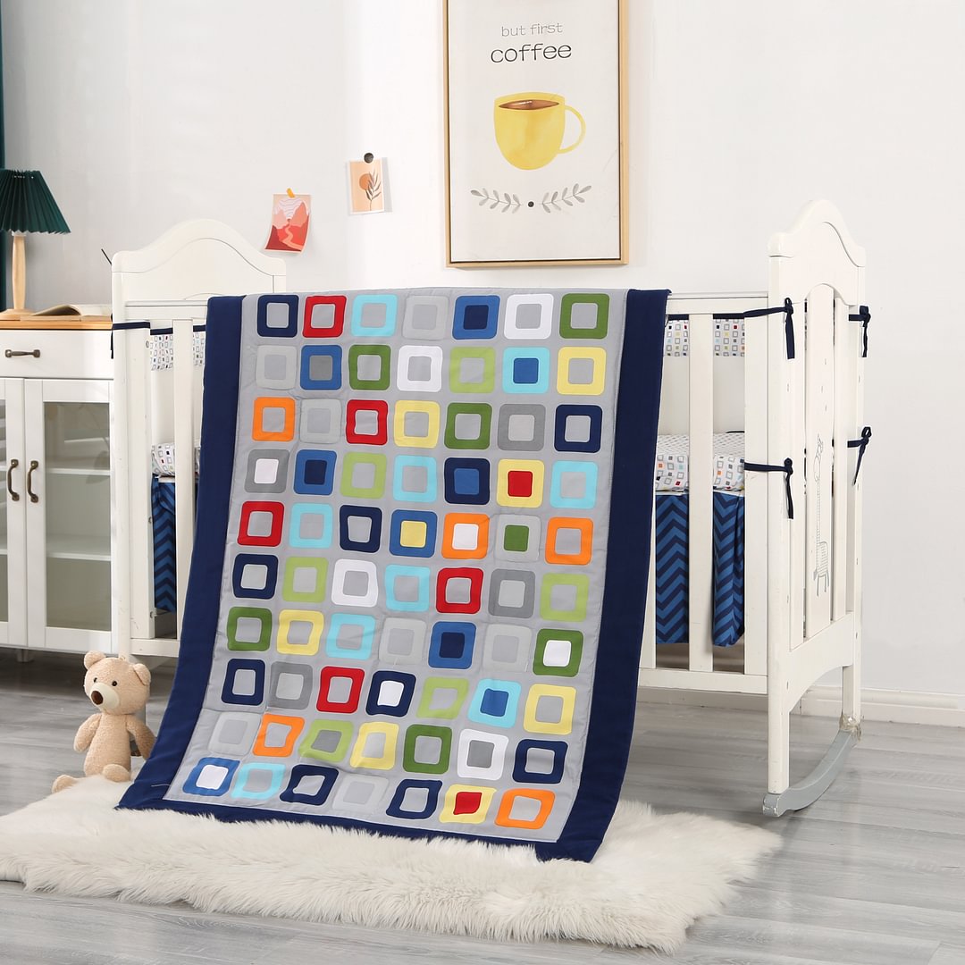 Square Geometry Baby Crib Bedding Sets for Boys Blue 8 Pieces