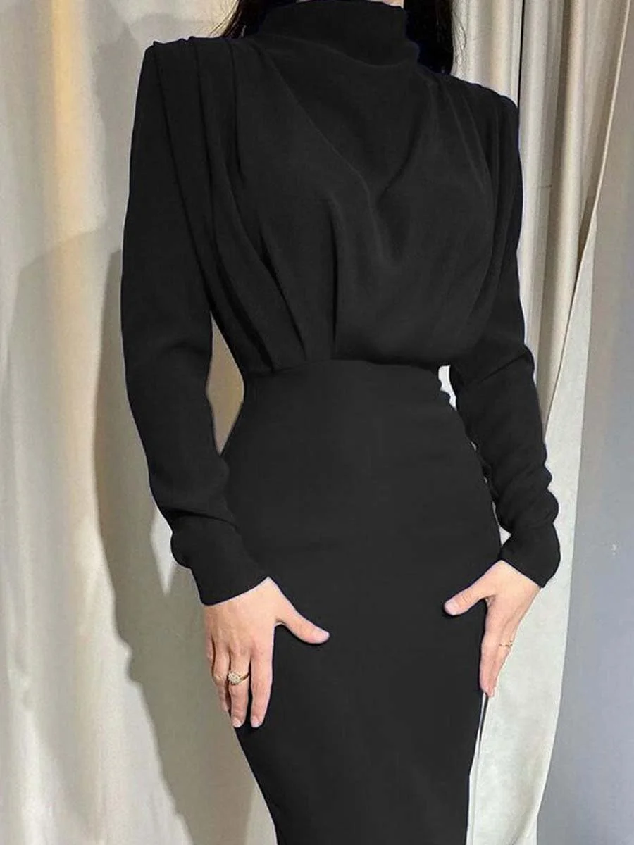 Temperament Waisted Solid Color Long-sleeved Evening Dress