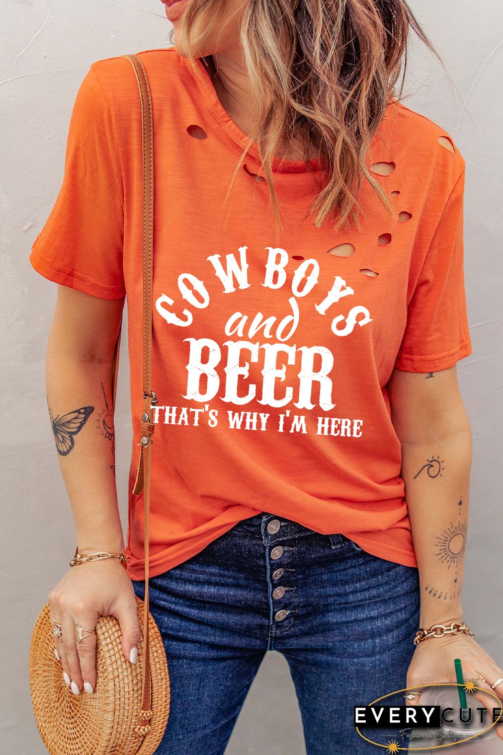 Orange Cowboys and Beers Letter Print Short Sleeve Tee