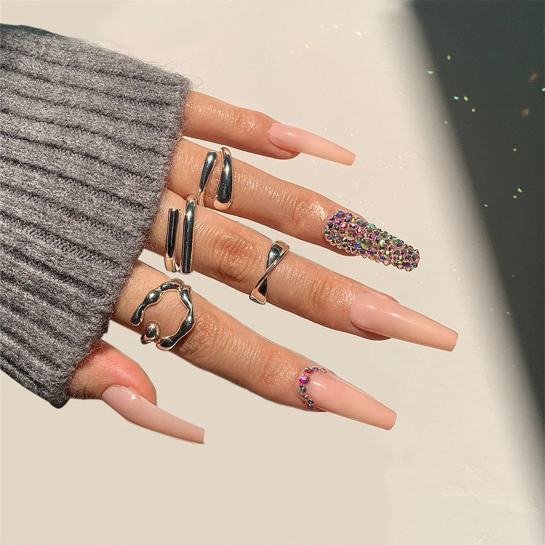 24Pcs Coffin Nails Full Cover Long Square Head Halos Stainings Fake Nail Patch Wearable Finished Nail Piece with Glue-Nail Inspo