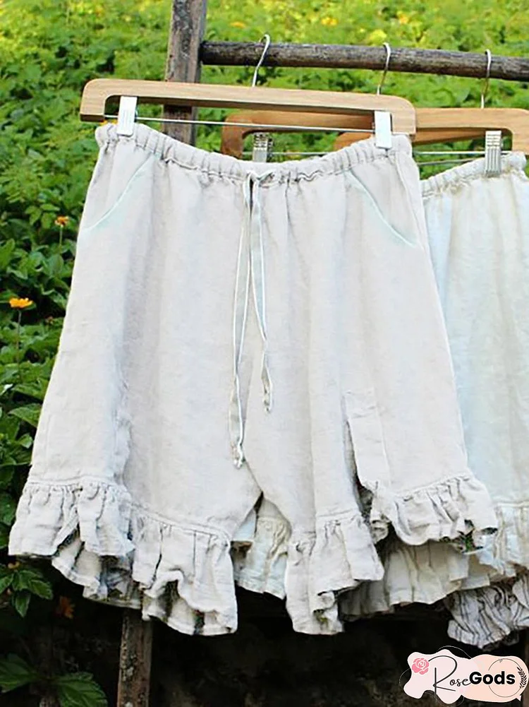 Women Folds Lace Up Elastic Waistband Shorts Linen Bloomers