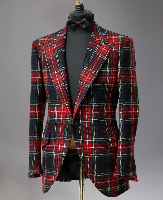 Business Woolen Peaked Lapel Button Contrast Plaid Blazer