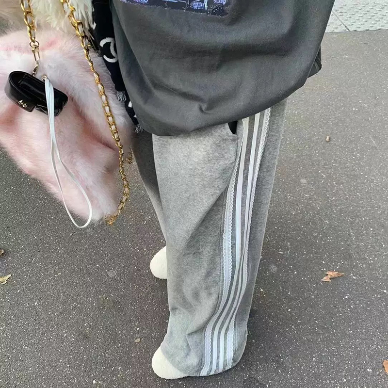 OLCooL Striped Wide Leg Pants Women Lace Patchwork Chic Sweatpants Korean Fashion Harajuku Streetwear Female Trousers New olcool