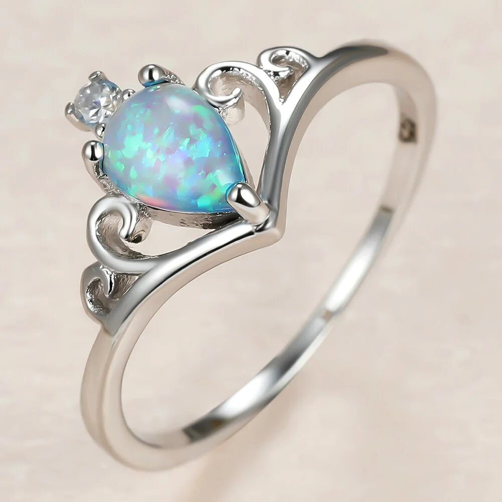 Cute Female White Water Drop Opal Ring Charm Silver Color Thin Wedding Rings For Women Luxury Bride Queen Crown Engagement Ring
