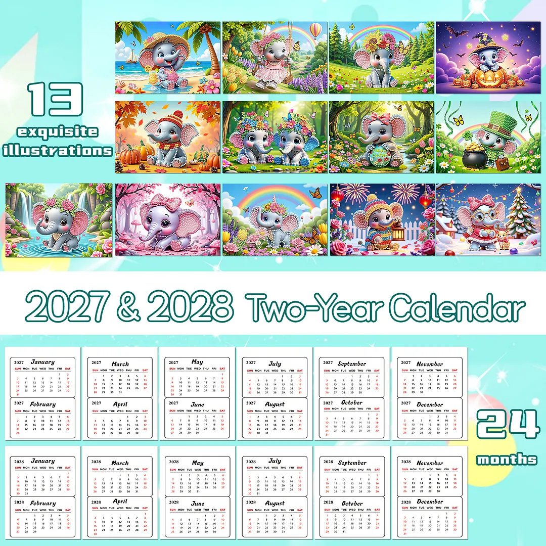 Elephant Diamond Art Monthly Flip Tabletop Calendar January 2027 - December 2028 Small Desktop Calendar Planner 24 Months for Living Room Bedroom Office Desk Gift Giving