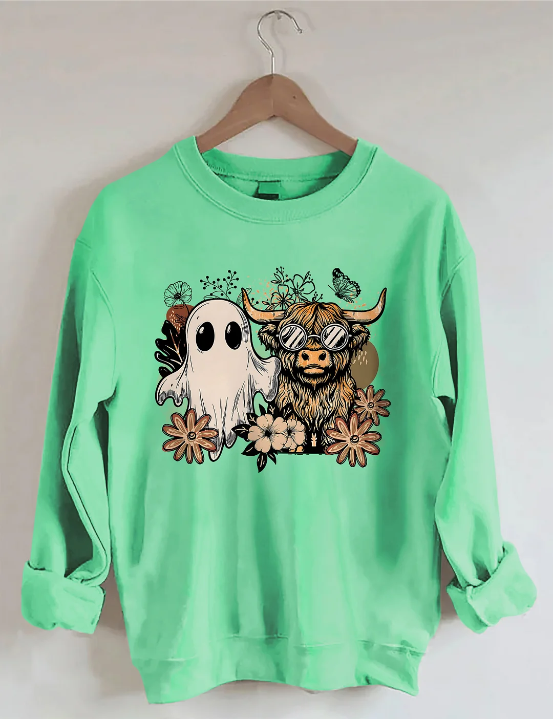 Ghost And Highland Cow With Flowers Sweatshirt