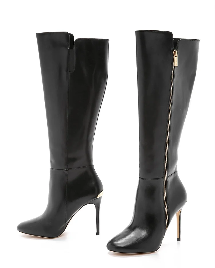 Black Almond Toe Side Zip Stiletto Heel Knee High Boots |FSJ Shoes