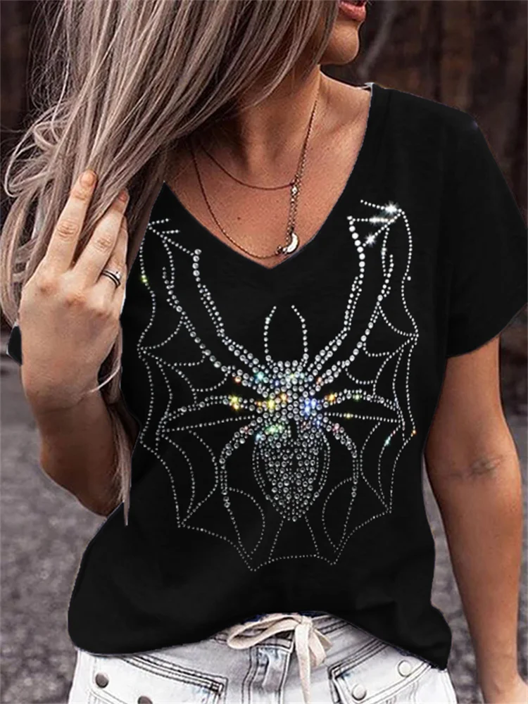 Spooky Spider Glitter Art V Neck T Shirt