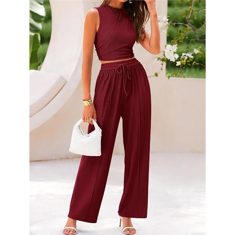 Athvotar Athvotar Summer Knitting Casual Suit Sleeveless Round Collar Short Repair Body Broad Leg Pants Two Sets