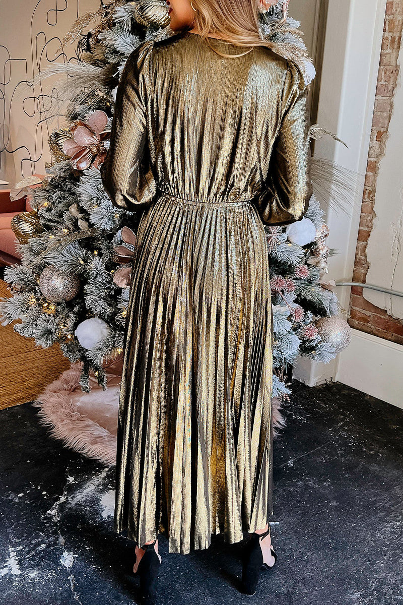 Flowy Pleated V-neck Floor-length Dress With Slit Regency