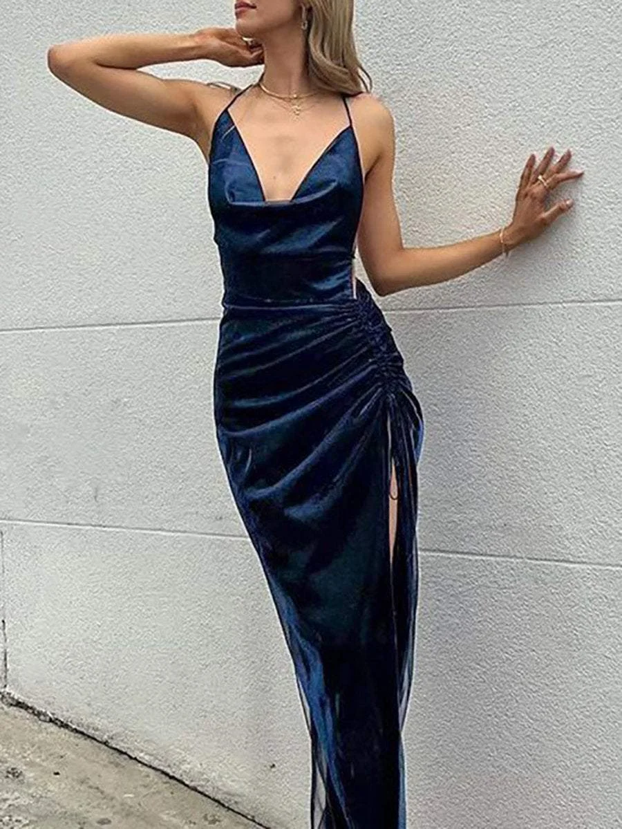 Sexy V-Neck Backless Sling Drawstring High Slit Dress