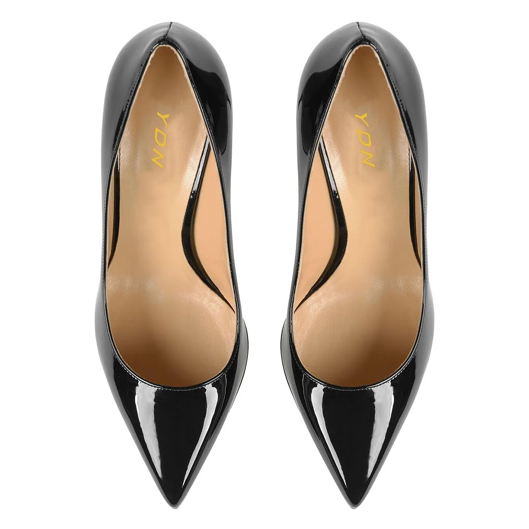 Black Patent Leather Pointed Toe Rhinestone Flared Heel Pumps Shoes 
