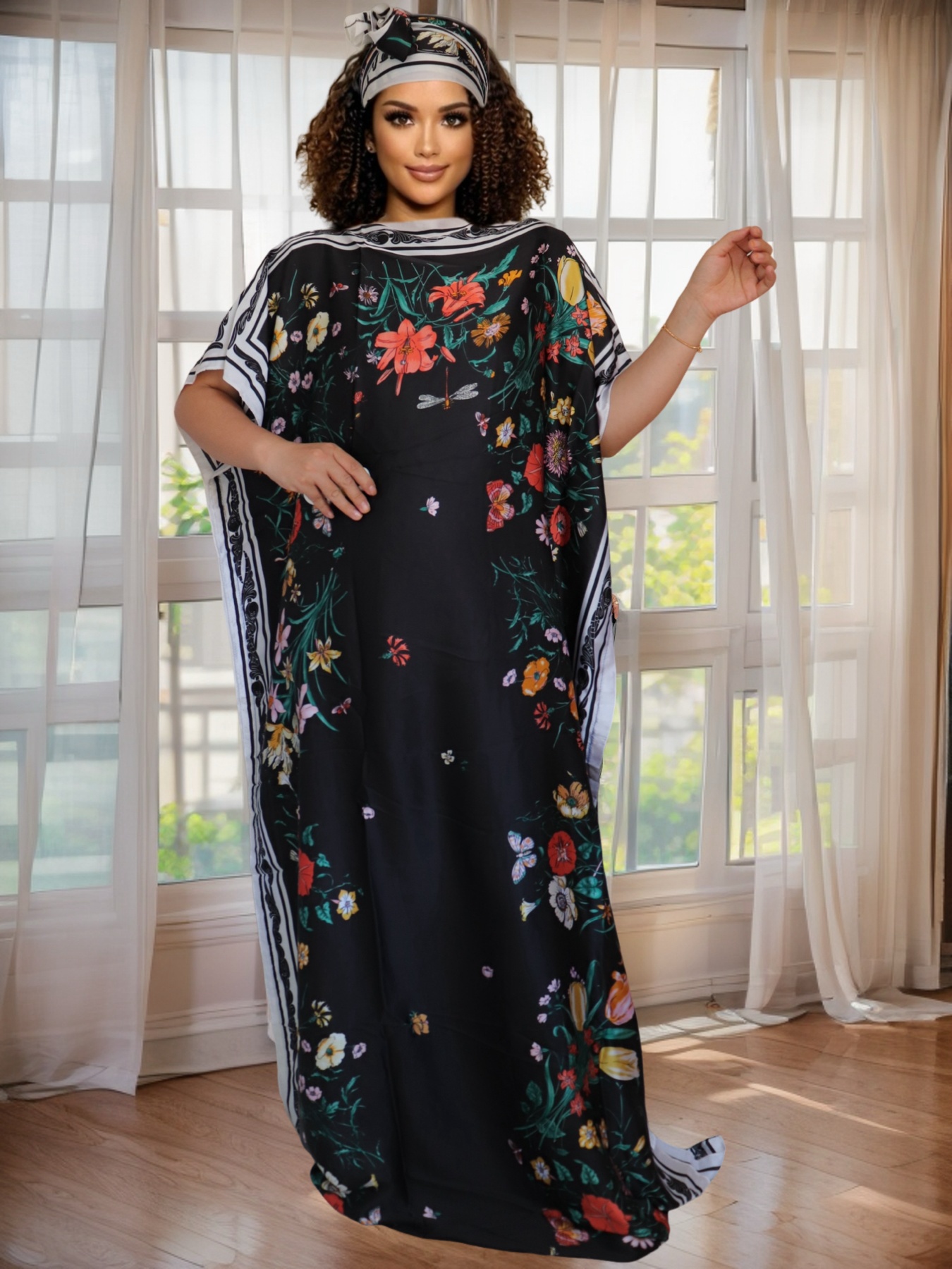 Plus Size - Elegant Middle Eastern Kaftan Robe With Vibrant Geometric Patterns - Black & Golden Accents, Long Sleeve, Flowing Design For Women, Perfect For Casual Or Formal Occasions, Versatile Clothing | Flowing Robe Style | Intricate Patterns | IFYHOME