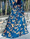 Loose V-Neck Long Sleeve Belted Floral Print Casual Maxi Dress