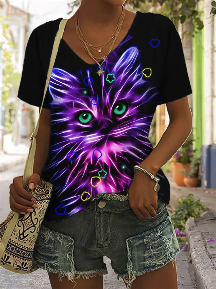 Lovely Neon Cat Art V Neck T Shirt